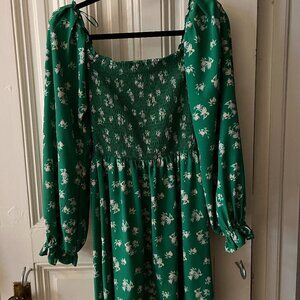 WAYF long sleeve green floral bell sleeve mini dress size small